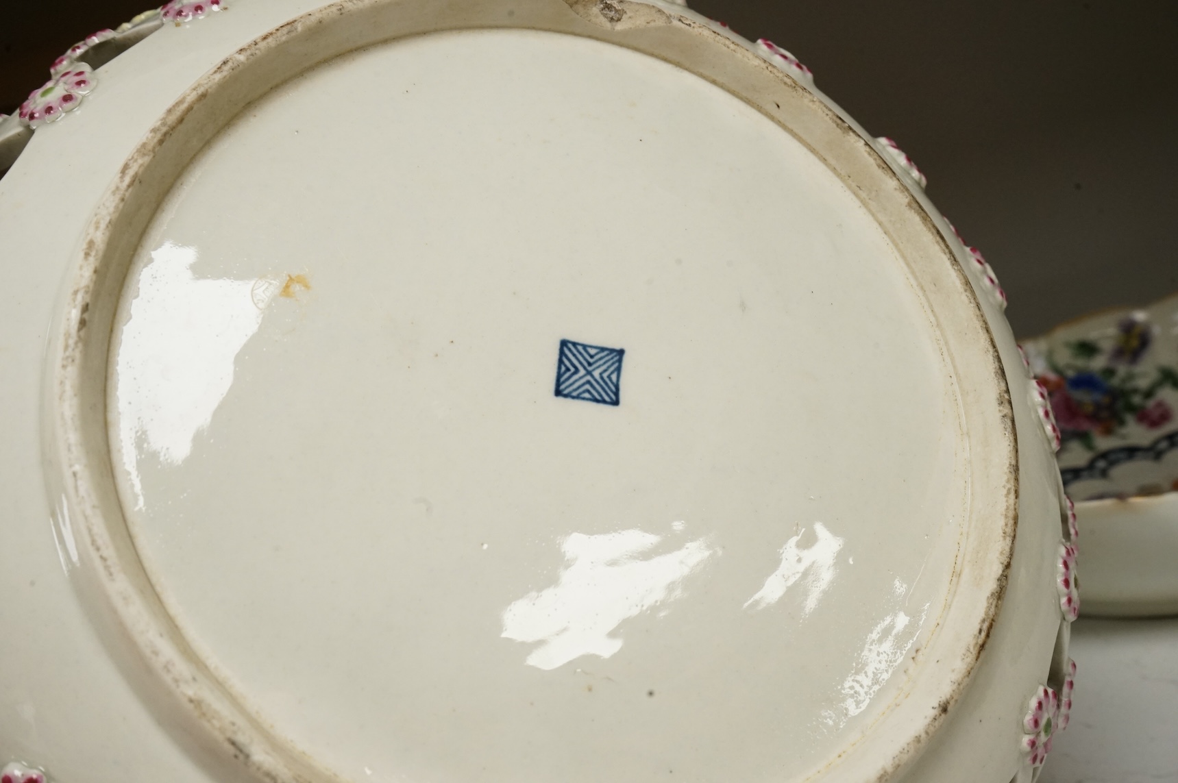 A Worcester scale blue two handled basket, c.1775, 28cm wide, and a similar bowl